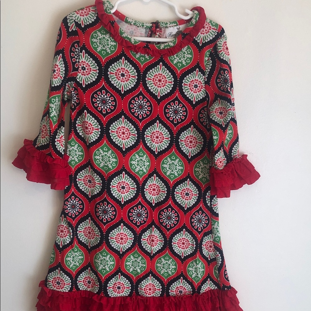 Rare Editions Red & Green Patterned Ruffle-Hem Dress